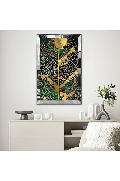 Zevahir Mobilya Dekorasyon Tablou MDF cu desen abstract, cu cadru din plexiglas cu oglindă argintie, minimalist, negru, galben auriu