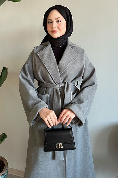 InStyle Double Breasted Wide Sleeve Gray Stamp Coat