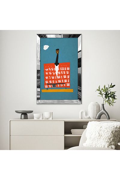 Zevahir Mobilya Dekorasyon Pictură modernă, roșu, negru, albastru, desen abstract, unică, MDF, cu cadru din plexiglas cu oglindă argintie