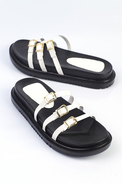 ShoeTek Λευκές δερμάτινες γυναικείες παντόφλες Zelma - Σχέδιο πόρπης με τρεις ρίγες