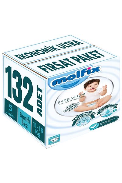 Molfix Premium Baby Diapers - Size 5 (11-18kg) Junior 132 Pieces - Economic Ultra Opportunity Pk