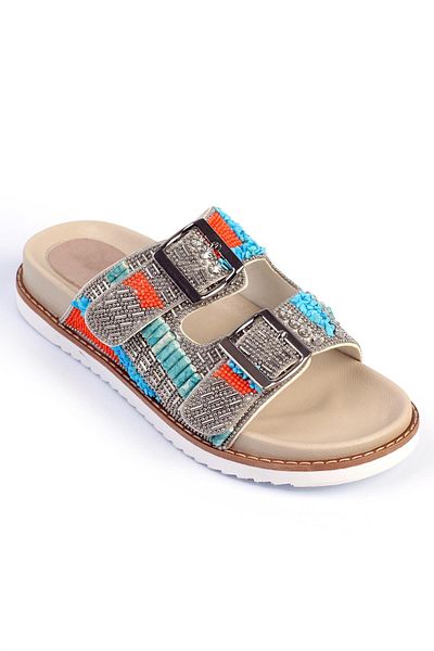 ShoeTek Lerea Beige Women's Slippers - Double Banded, Buckle and Stone Detail