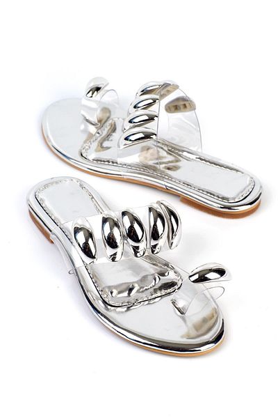 ShoeTek Saldinya Women's Slippers - Stoned Flip Flops, Transparent Silver Mirror