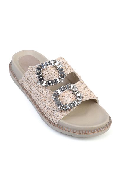 ShoeTek Papuci de damă Vivian Beige Straw - Bandă dublă și cataramă de piatră