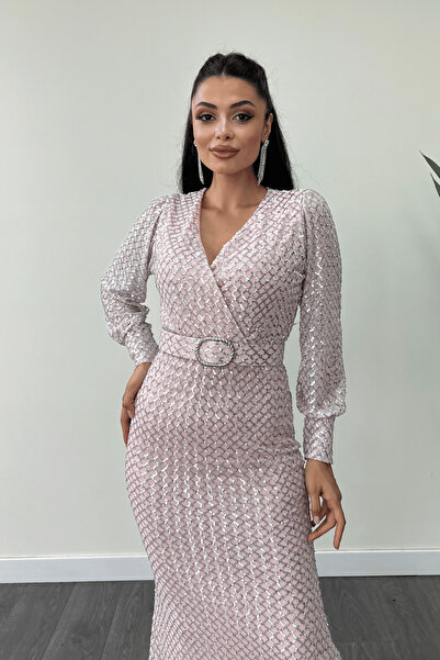 giyimmasalı Kareli Payet Kumaş Kruvaze Yaka Elbise - PUDRA