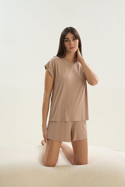 Sevim Costum de pijama de damă cu mânecă scurtă și pantaloni scurți bej C9T6N0O61