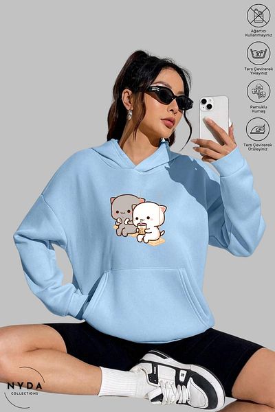 Nyda Collections Hanorac oversize cu glugă unisex din bumbac - mânecă lungă, imprimat