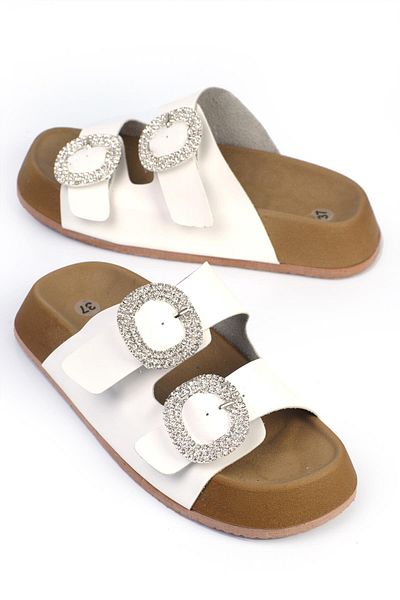 ShoeTek Λευκές Δερμάτινες Γυναικείες Παντόφλες Miriana - Με Πέτρινη Πόρπη και Κορδόνι
