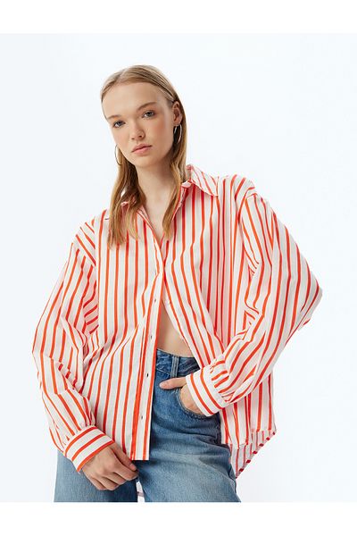 Koton LonG Sleeve Oversize Cotton Shirt - Classic Collar anD Button Detail