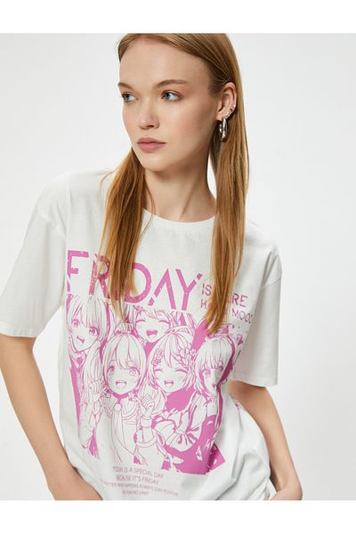 Koton Βαμβακερό T-Shirt Anime - με στάμπα στην πλάτη, κοντό μανίκι, λαιμόκοψη, Relax Fit