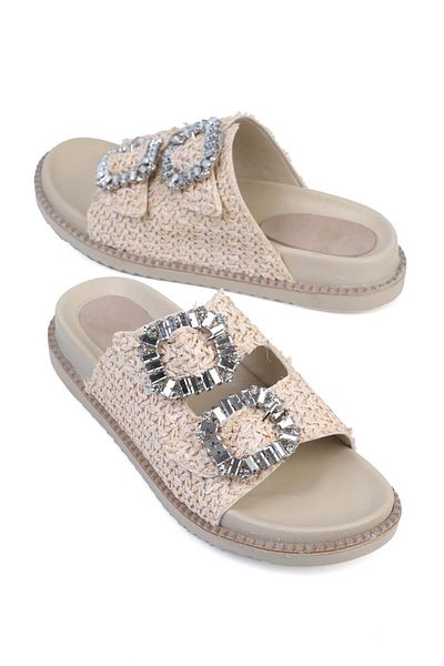 ShoeTek Papuci de damă Vivian Beige Straw - Bandă dublă și cataramă de piatră
