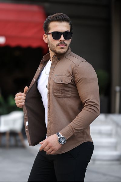 Mero Life Ανδρικό τζιν πουκάμισο σε καφέ λεπτή εφαρμογή