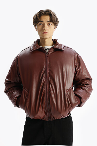 GIESTO Burgundy Puffer Leather Jacket