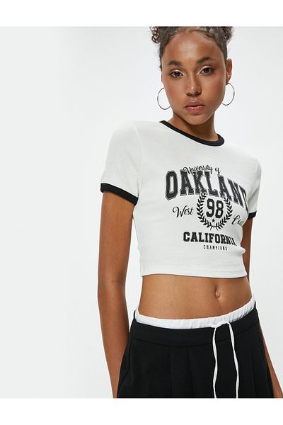 Koton College Printed Crop T-Shirt - Slim Fit, Crew Neck