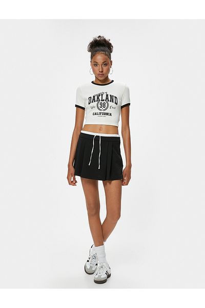 Koton College Printed Crop T-Shirt - Slim Fit, Crew Neck