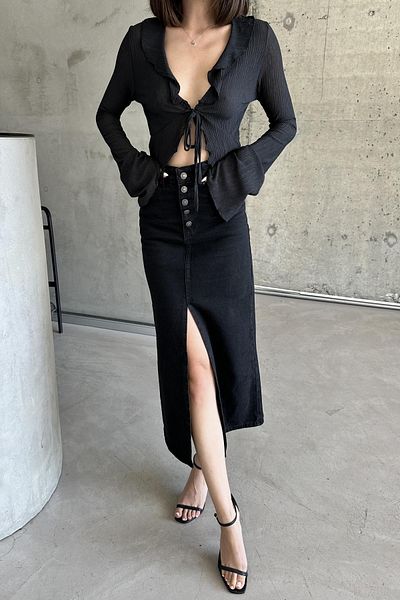 XRAY JEANS Fusta lungă neagră de vară din bumbac cu nasturi pentru femei