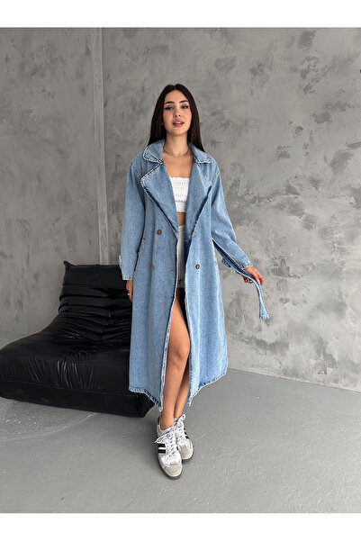 efstyle KEMERLİ ASTARSIZ DÜĞMELİ DENİM TRENÇKOT