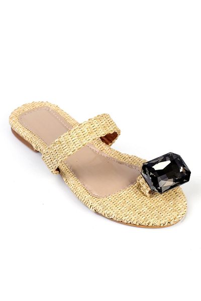ShoeTek Beige Colored Salminya Women's Slippers - Stone Detailed Flip Flop Straw Band