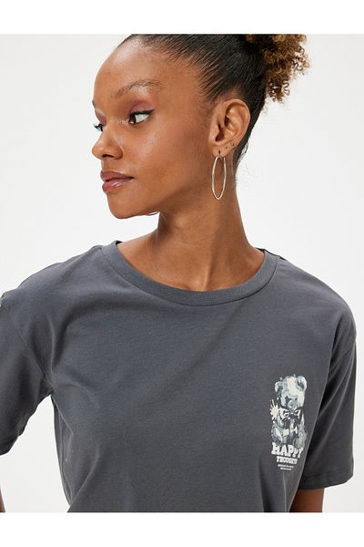 Koton Teddy Bear Printed Oversize Cotton T-Shirt - Crew Neck, Short Sleeve