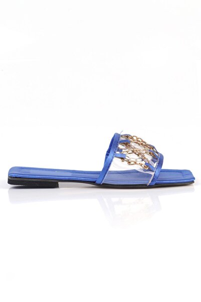 ShoeTek Papuci de damă Saks Blue Satin Tranda - cu lanț și transparent