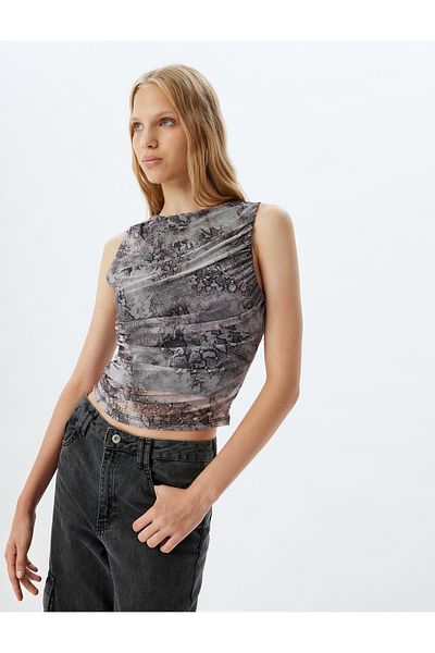 Koton Slim Fit Sleeveless Top - Draped and Tulle Abstract Pattern