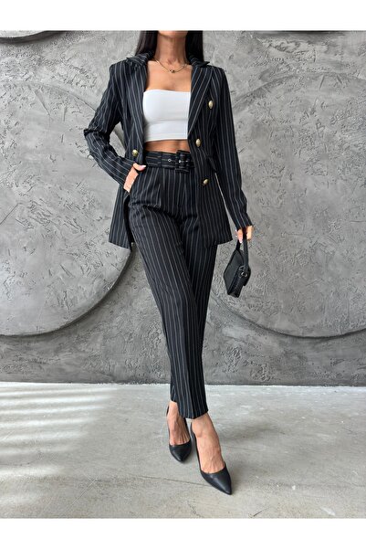 Female Clothing Siyah Çizgili Gold Düğme Astarlı Blazer Ceket Kemerli Cepli B...