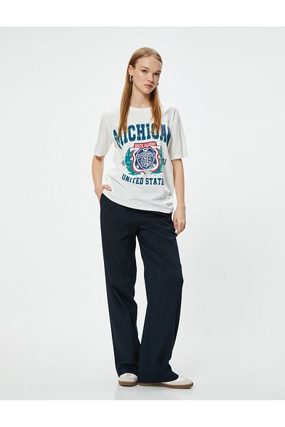 Koton Cotton Oversize College Printed T-Shirt - Crew Neck, Short Sleeve