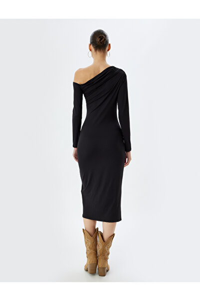 Koton Midi Elbise Asimetrik Yaka Drapeli Slim Fit Uzun Kollu