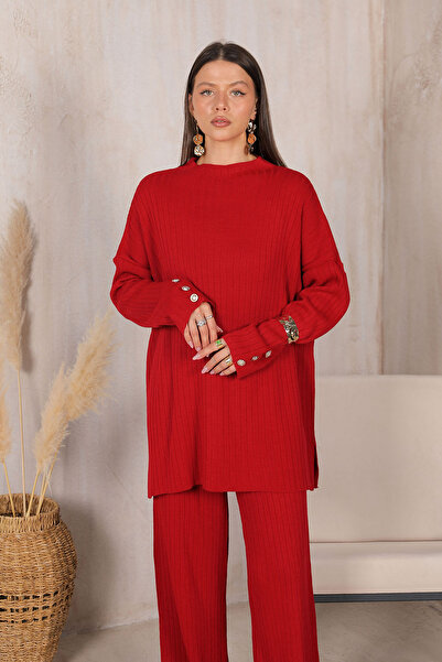 Melike Tatar Red Sleeve Buttoned Knitwear Suit 32-7006