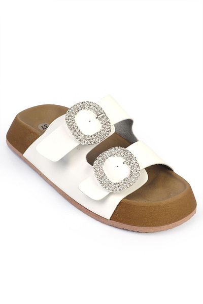 ShoeTek Λευκές Δερμάτινες Γυναικείες Παντόφλες Miriana - Με Πέτρινη Πόρπη και Κορδόνι