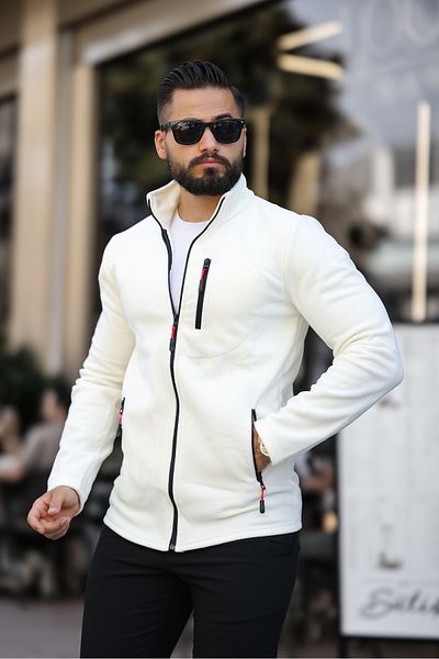 Butik Polar alb pentru bărbați, standard, cu fermoar complet, cu 3 buzunare