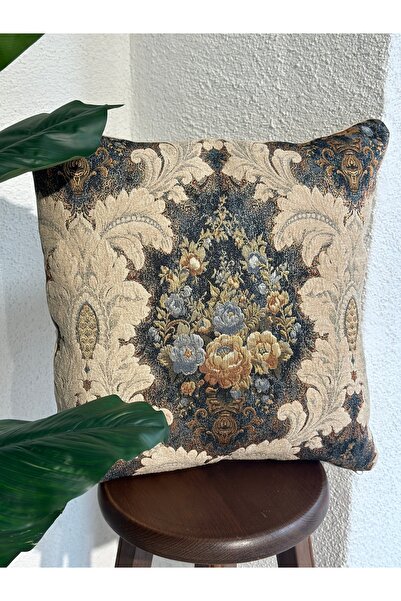 Decamor home وسادة رمي لغرفة المعيشة باللون الأزرق الداكن والبيج - غطاء منقوش بالزهور، موديل 4