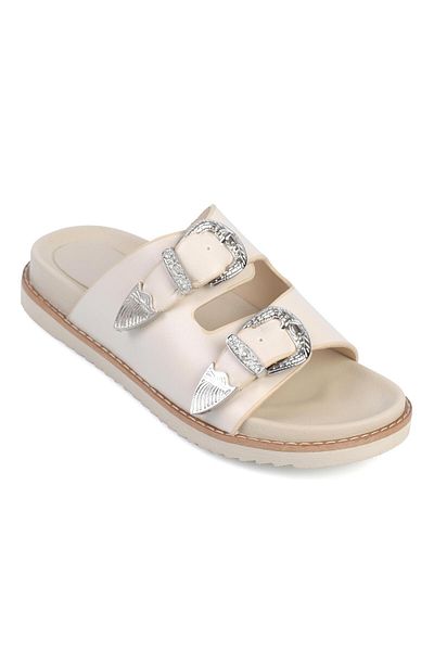ShoeTek Beige Leather Women's Slippers - Double Banded and Buckle Lanice