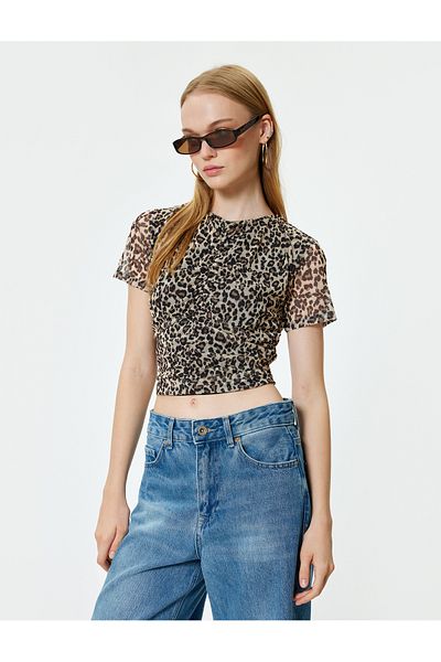 Koton Chiffonbluse mit Leopardenmuster – kurze Ärmel, Kordelzug, Rundhalsausschnitt