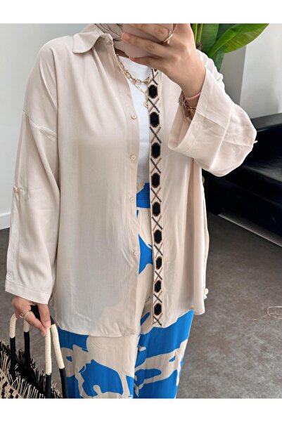 ASEL FASHİON Beige-Blue Embroidered Cotton Viscose Set