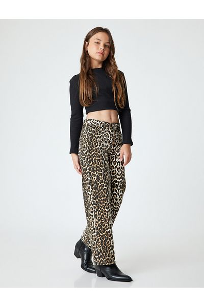 Koton Cotton Wide Leg Jeans - LeoPard Print, Wide Leg and Elastic Waist