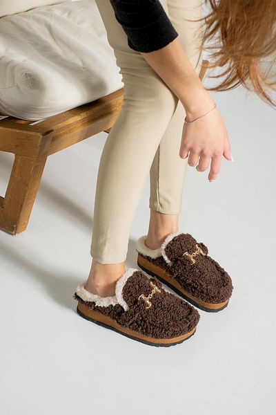 ShoeTek Lamia Women's Slippers with Buckle and Fur Inside Brown