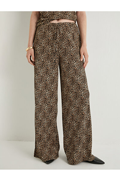 Koton Leopar Desenli Pantolon Wide Leg Beli Bağcıklı Relax Fit Bürümcük
