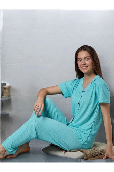 Sude Polka Dot Front Buttoned Pajama Set - Bamboo