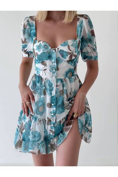 popibutik Kısa Kol Gloplu Düğme Detaylı Şifon Kumaş Mini Mavi Elbise