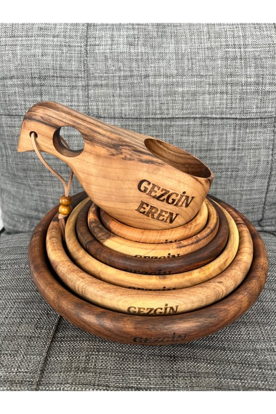 dagdan store Kök Ceviz Tabak Ve Kuksa Bardak Set