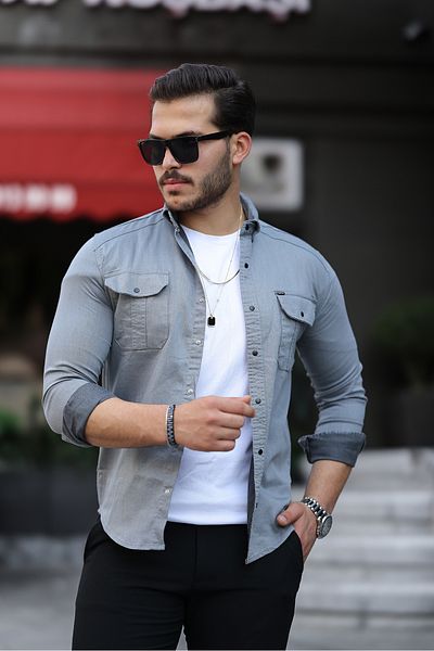 Mero Life Мъжка сива дънкова риза Slim Fit Slim Cut