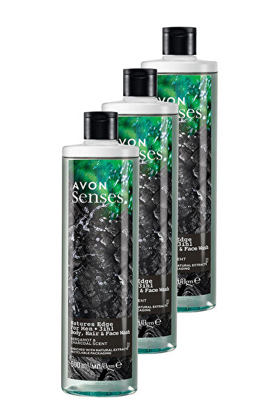 AVON Senses Natures Edge Erkekler için Saç Vücut ve Yüz Yıkama 500 Ml. Üçlü Set