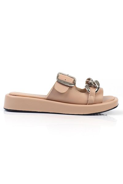 ShoeTek Papuci de damă din piele nudă - cu bandă dublă și lanț