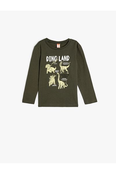 Koton Cotton Long Sleeve Dinosaur T-Shirt - Crew Neck