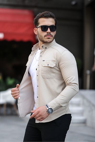 Mero Life Ανδρικό τζιν πουκάμισο Cream Slim Fit Slim Fit
