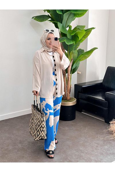 ASEL FASHİON Beige-Blue Embroidered Cotton Viscose Set
