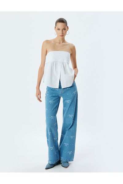 Koton Jeans mit weitem Bein und Schleife in Standard-Taille - Jeans mit weitem Bein und geknöpften Taschen