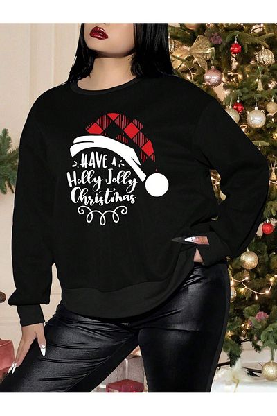Pink Sky Have a Happy Christmas Printed Black Oversize Sweatshirt
