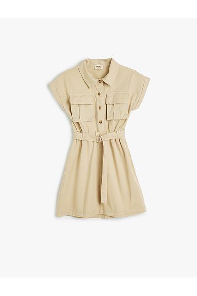 Koton Cotton Shirt Collar Dress - CarGo Pocket and Belt Detail, Buttoned
